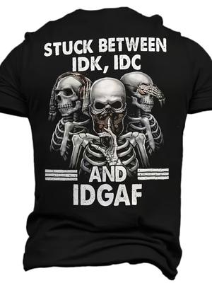 Design Elegante T-shirt Masculina 3D com Estampa Digital de Esqueleto e Letras, Gola Redonda e Manga Curta