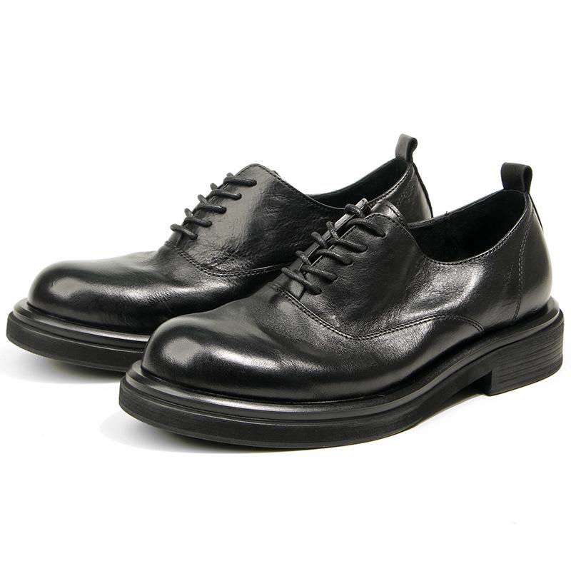 66-11 Round Head Leather Shoes British Casual First-Layer Cowhide Men'S Shoes Retro Hand-Polished Thick-Soled Muffin Trendy Men