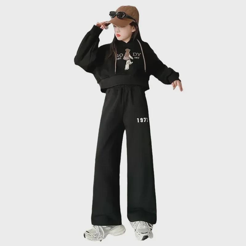 Girls' Spring/Autumn Letter Casual Hooded Sweatshirt & Trousers Set - Internet Celebrity Style Two-Piece Suit