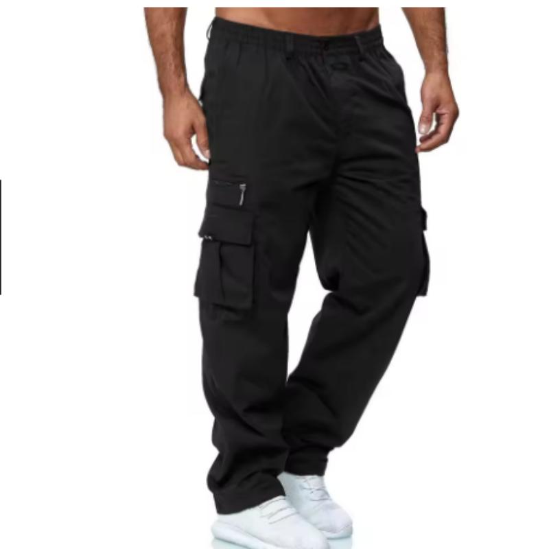 New casual workwear with multiple pockets, men's loose straight leg, solid color, multifunctional workwear pants, black jogging