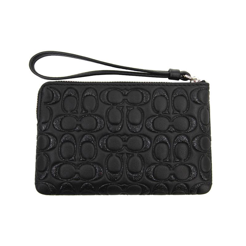 COACH Boxed 16 Presbyopic Embossed Zipper Closure Leather Coin Mahjong Bag Clutch Small Women's Black