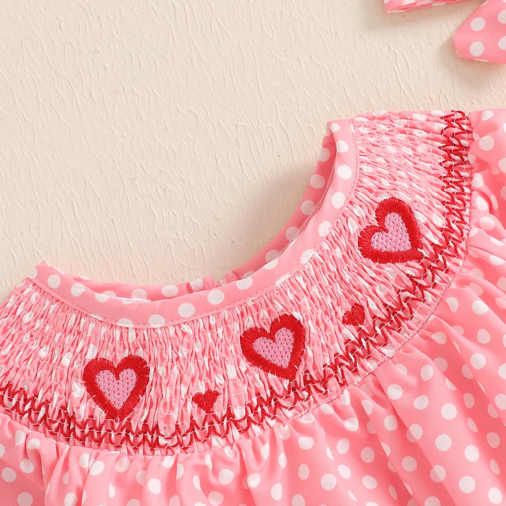 Toddler Girl Valentine's Day Romper Heart Embroidered Dot Long Sleeve Smocked Round Neck Ruffled Fall Jumpsuits Headband 