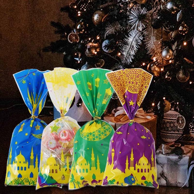 100pcs Eid Mubarak Gift Bags with Rope Moon Stars Biscuits Packaging Holder