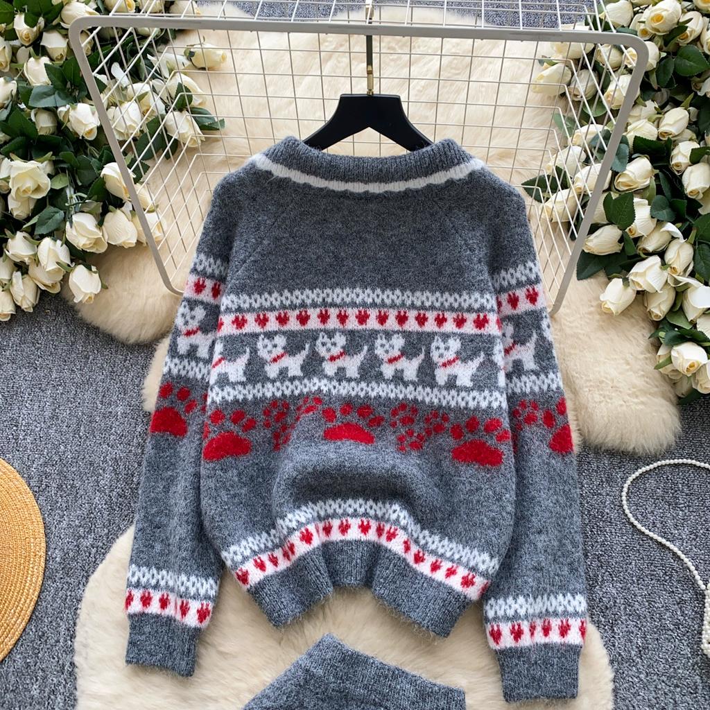 Autumn Winter Women Casual Print Knitted Twist Sweater Two Piece Set Single Breasted Cardigan Jacket and Mini Bodycon Skirt Christmas Outfit