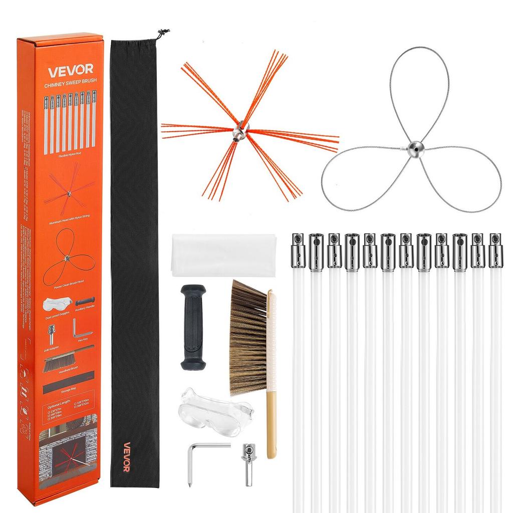 Chimney Sweep Kit, 12m Maximum Extendable Length Chimney Brush, Chimney Cleaner Sweeper with Dual Brush Heads, Brush & Goggles, Fireplace Cleaning