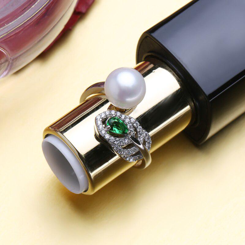 Fenasy Natural Freshwater Pearl Rings For Women Dainty Bohemia Green Crystal Feather Adjustable Ring