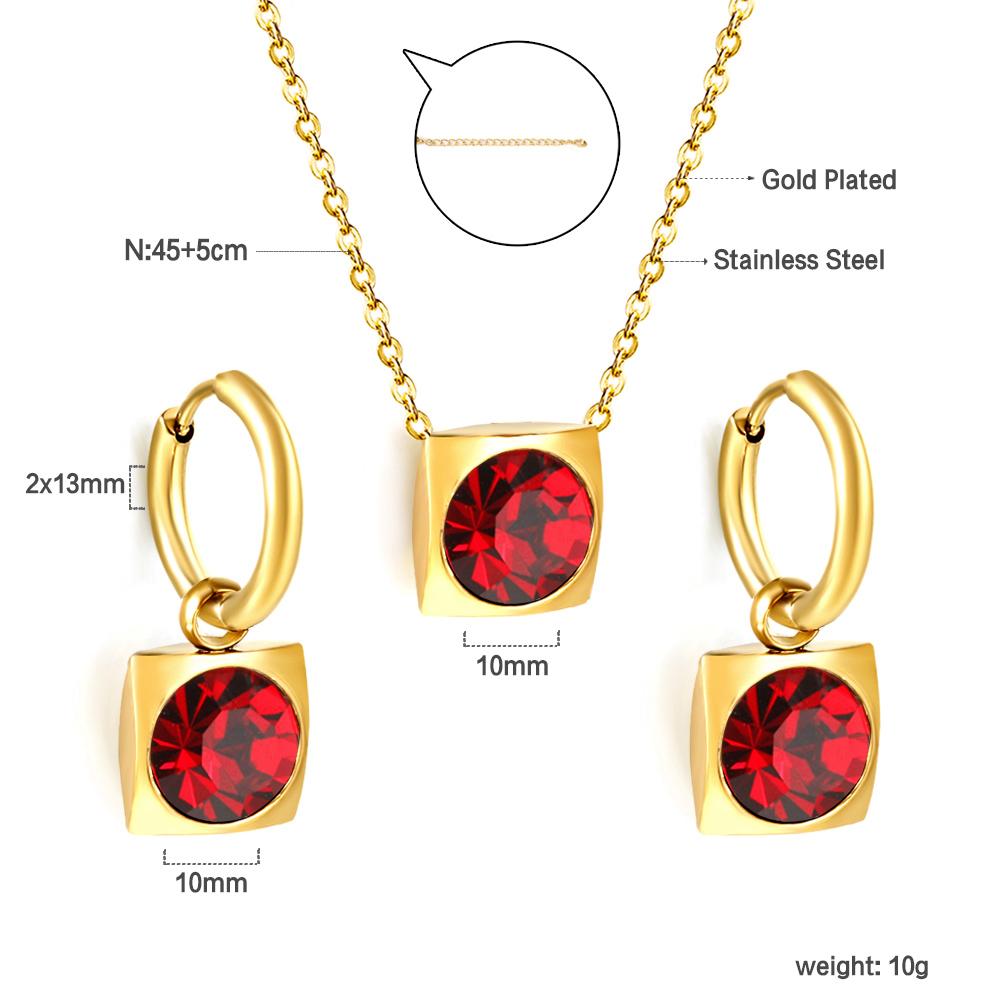 Square Multiple Color Crystal Pendant Necklace Earrings Set Stainless Steel Zircon Set 2Pcs For Women Party Gifts Free Shipping