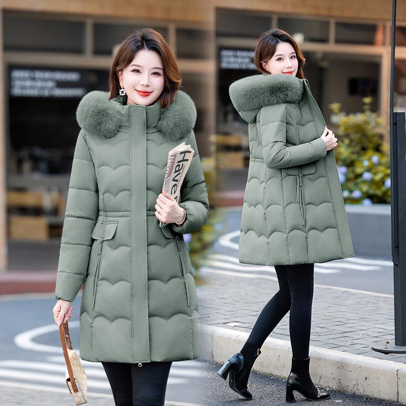 Women's Mid-Length Winter Fur Collar Hooded Cotton Jacket - Fashionable Slimming Warmth