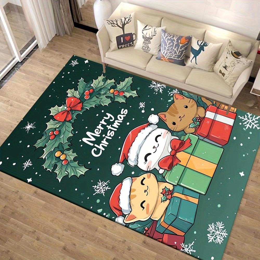 1pc Christmas Themed Rug, Three Happy Kittens and Christmas Gifts Print, Bedside Carpet, Non slip Laundry Room Mat, Machine Washable Water A