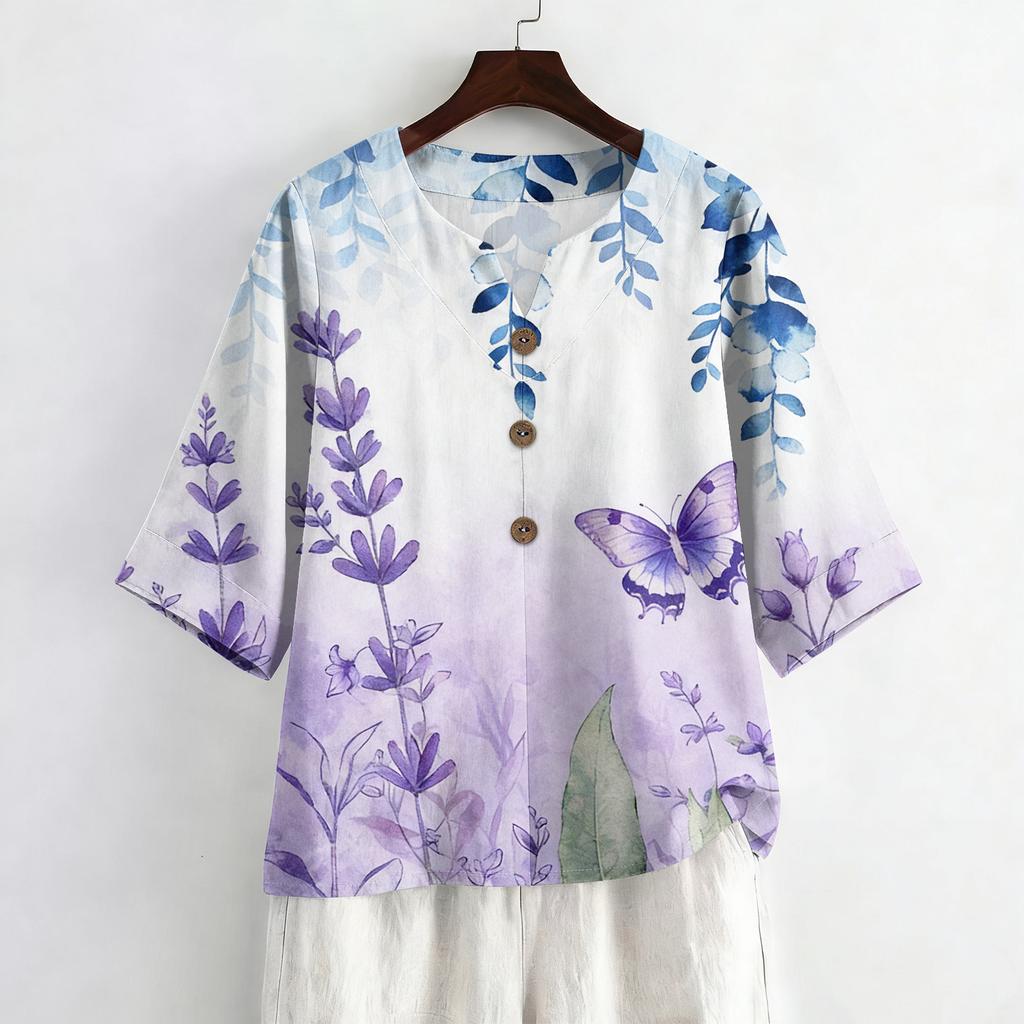 Women's Summer Fashion V-Neck 3/4 Sleeve Shirt Casual Loose-Fit Floral Print Top