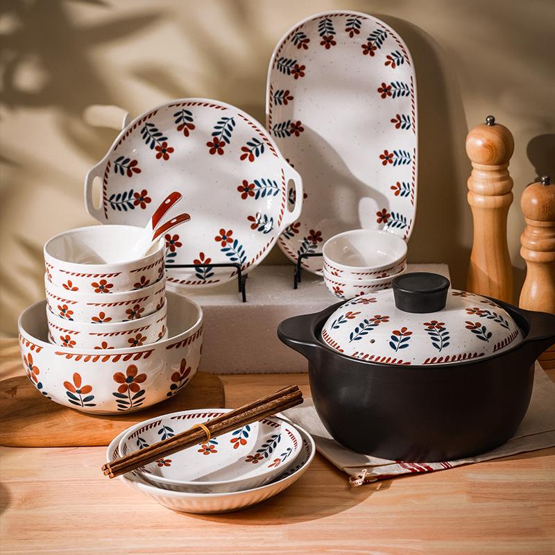 Japanese Retro Underglaze Ceramic Dishes Tableware Set Bowl Noodle Bowl Soup Bowl Vegetable Plate Western Food Bowl Light Luxury Retro