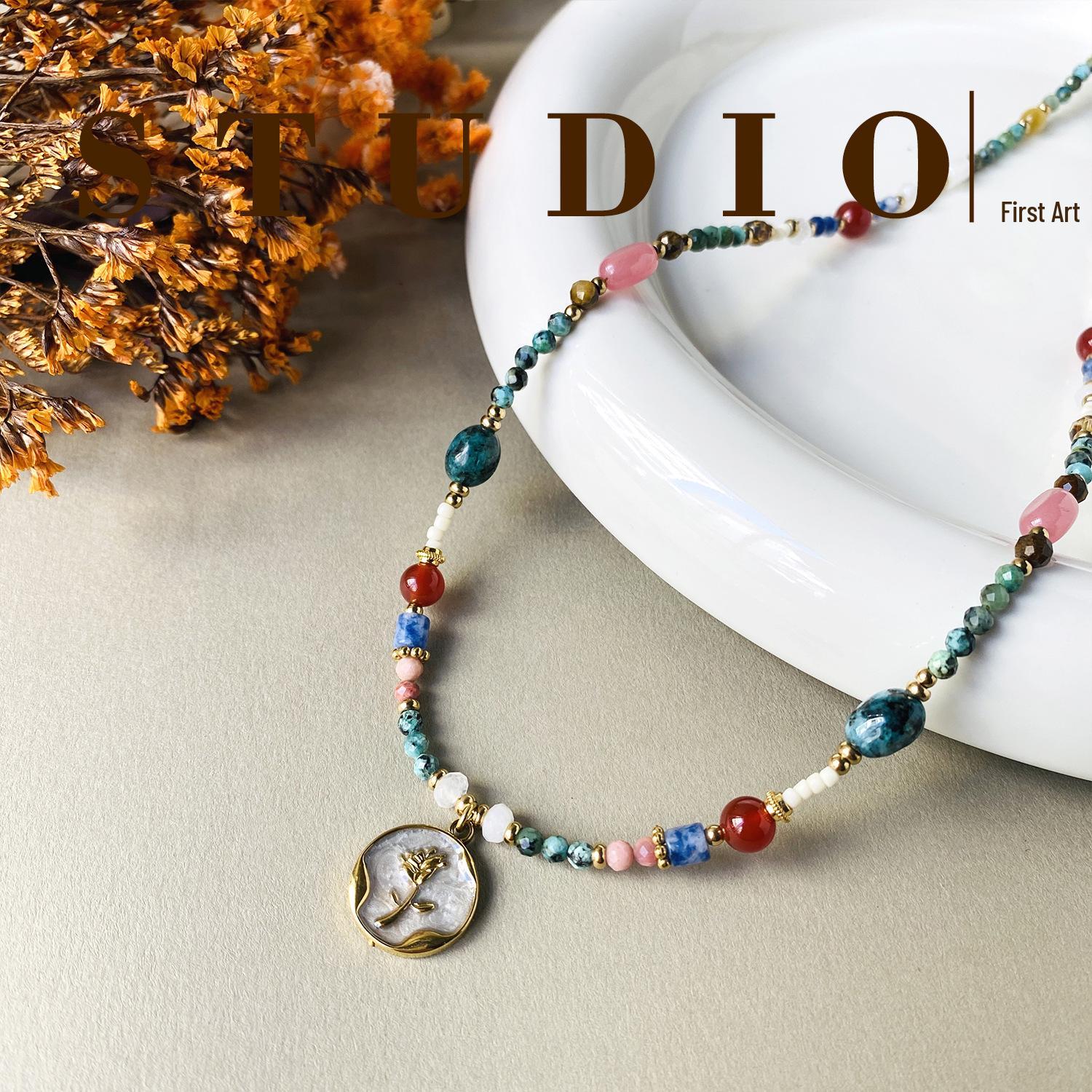 

White Rose Original Sweater Chain: Natural Stone & Titanium Steel Necklace - Versatile Long Chain for Women Chuyun