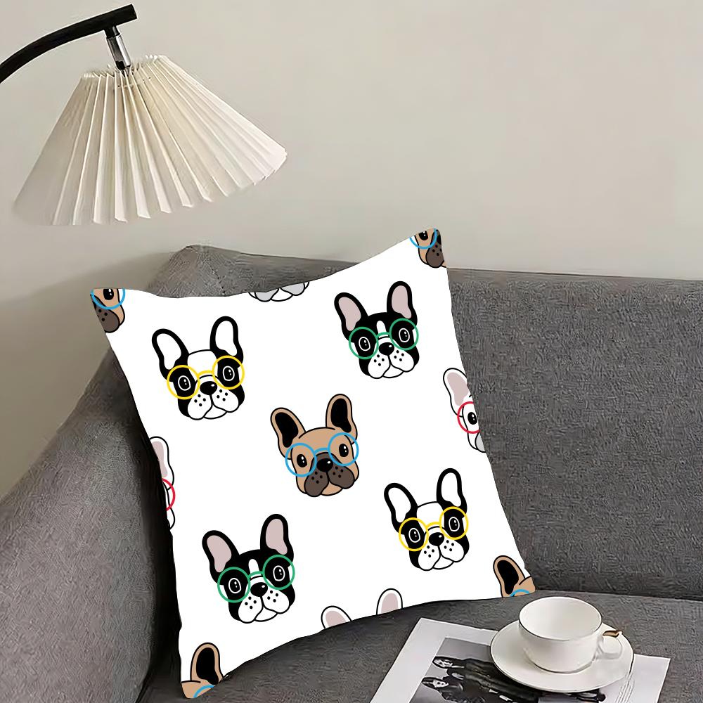 Cartoon French Bulldog Pattern Cushion Cover Reversible Plush Pillow Cover – For car, sofa, bedroom, perfect as a gift.