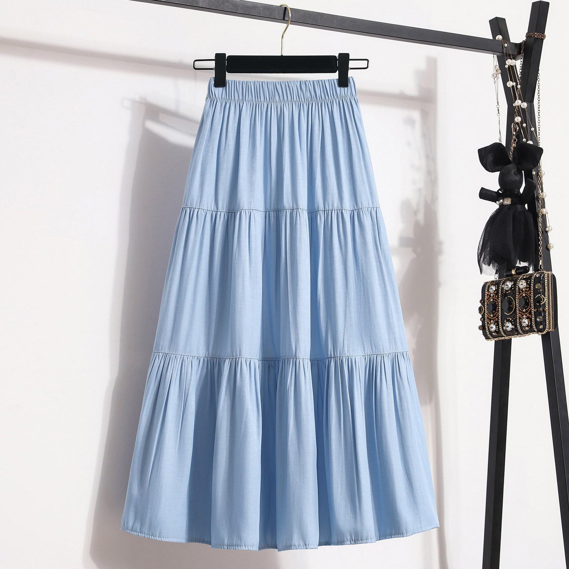 

Qooth Patchwork Simple Casual Pleated Skirt Ankle Length Skirt Elegant Blue Skirt QT2158 Free Size светло-синий