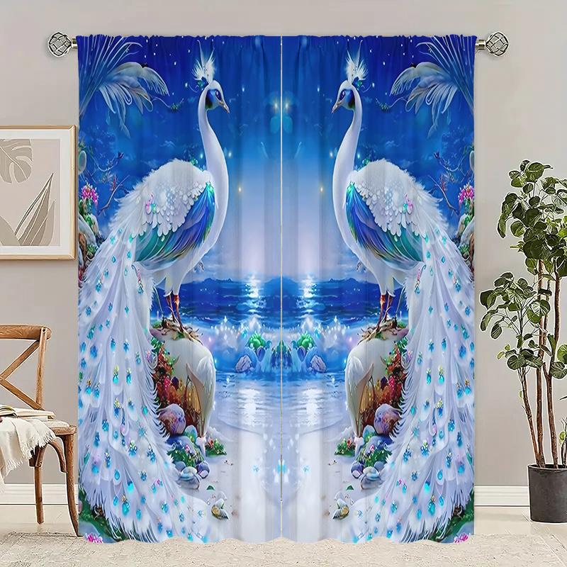 2pcs- Elegant Peacock Polyester Curtains, Bathroom, Bedroom, Living Room, and Family Room Decorative Curtains