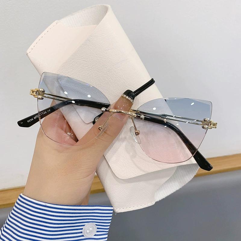 Nuevas gafas de sol de lujo sin montura con diseño de ojo de gato y degradado para mujer, gafas de sol de marca de moda para viajes y conducción, gafas UV400