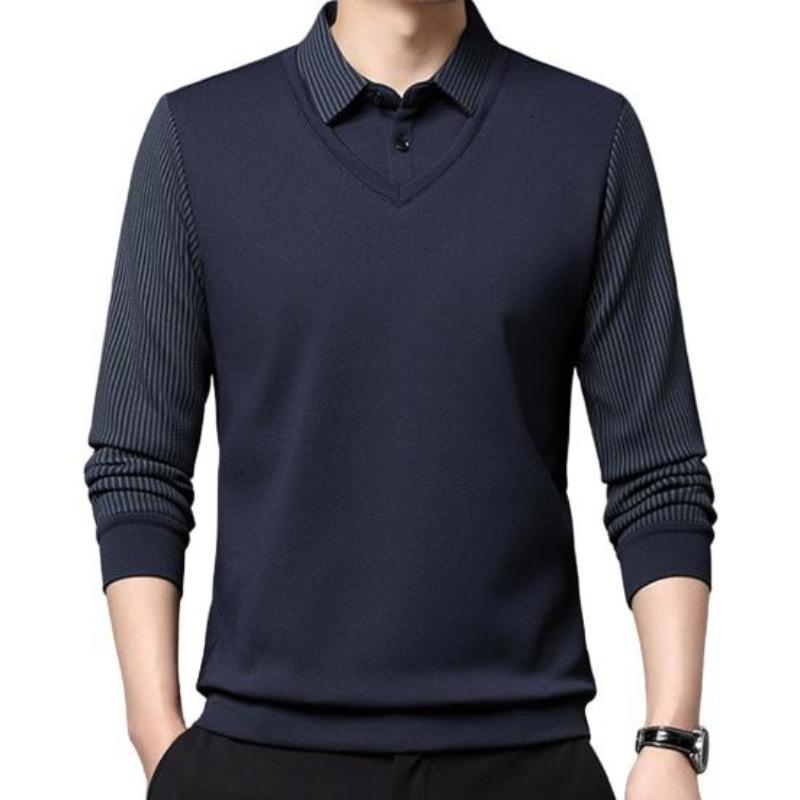 Uomo Autunno Primavera Camicia Collo Turn-down Finto Due Pezzi Maglione Patchwork Taglie Forti Righe Bottoni Stile Formale Business Uomo Top Ufficio