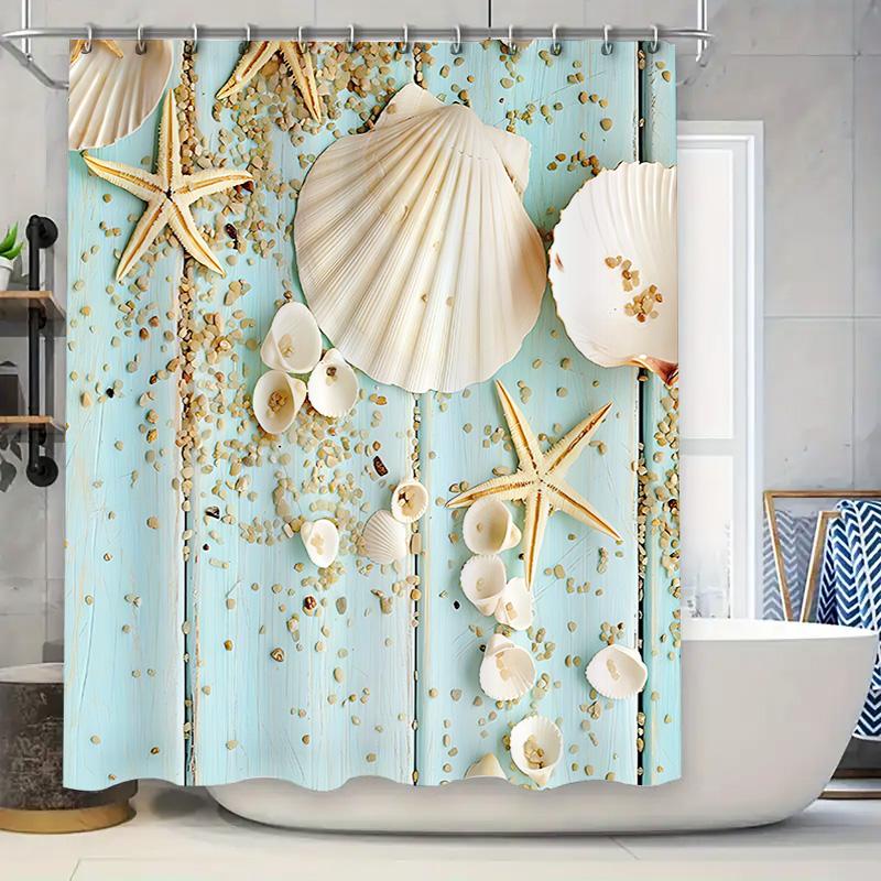 Beach Theme Shower Curtain Decorative Bathroom Set With Sea Shells And Starfish Design - Elegant And Refreshing Home Decor