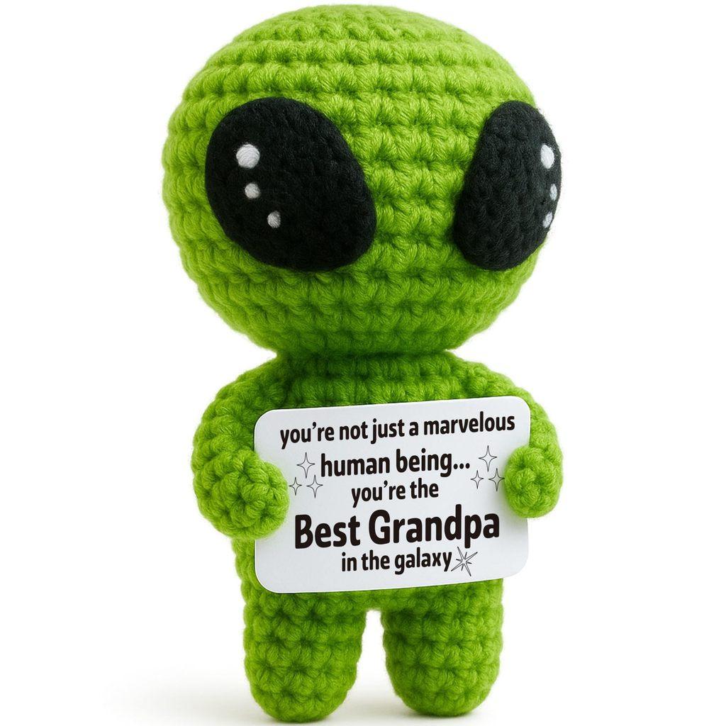 Grünes Alien Positives Häkeltier Puppe Mit Karte Schreibtischschmuck Emotionale Unterstützung Handgefertigt Gestrickt Aufmunterungsspielzeug
