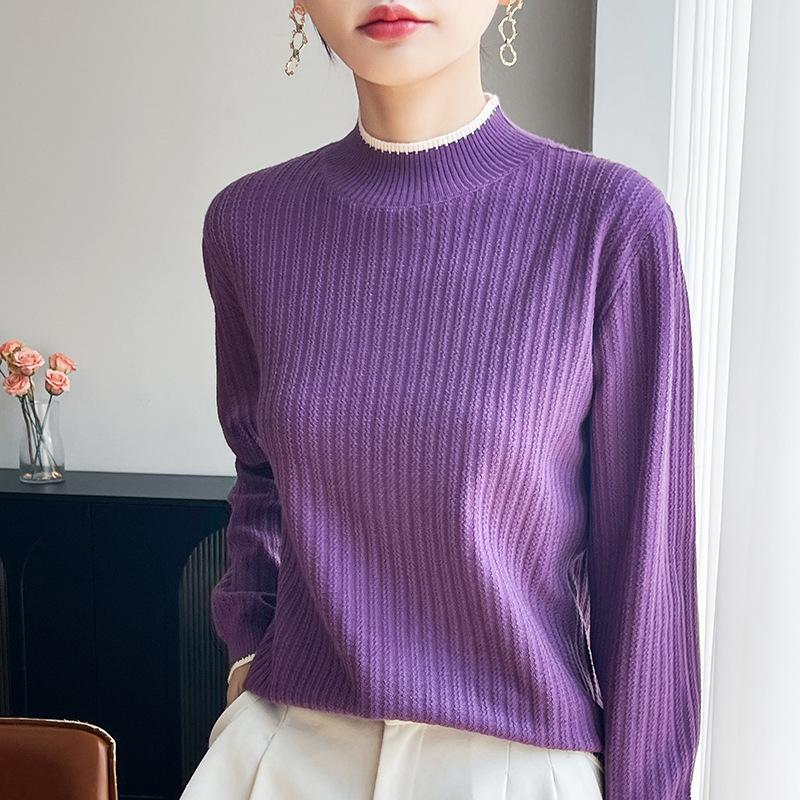 Women's Lace Color Block Knit Pullover - Loose Fit, Half High Collar, Slim Base Layer Top for Autumn/Winter