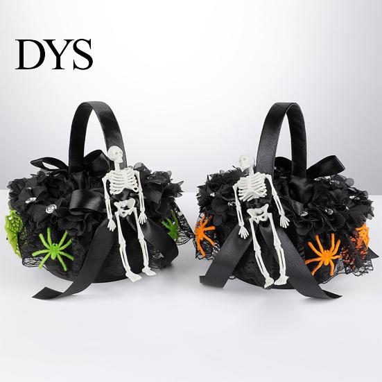 Durable Halloween Basket Black Flower Girl with Handle And Bow, Gothic Satin Lace for Wedding Ceremony, Bridal Party, Home Decor Decorative Masquerade