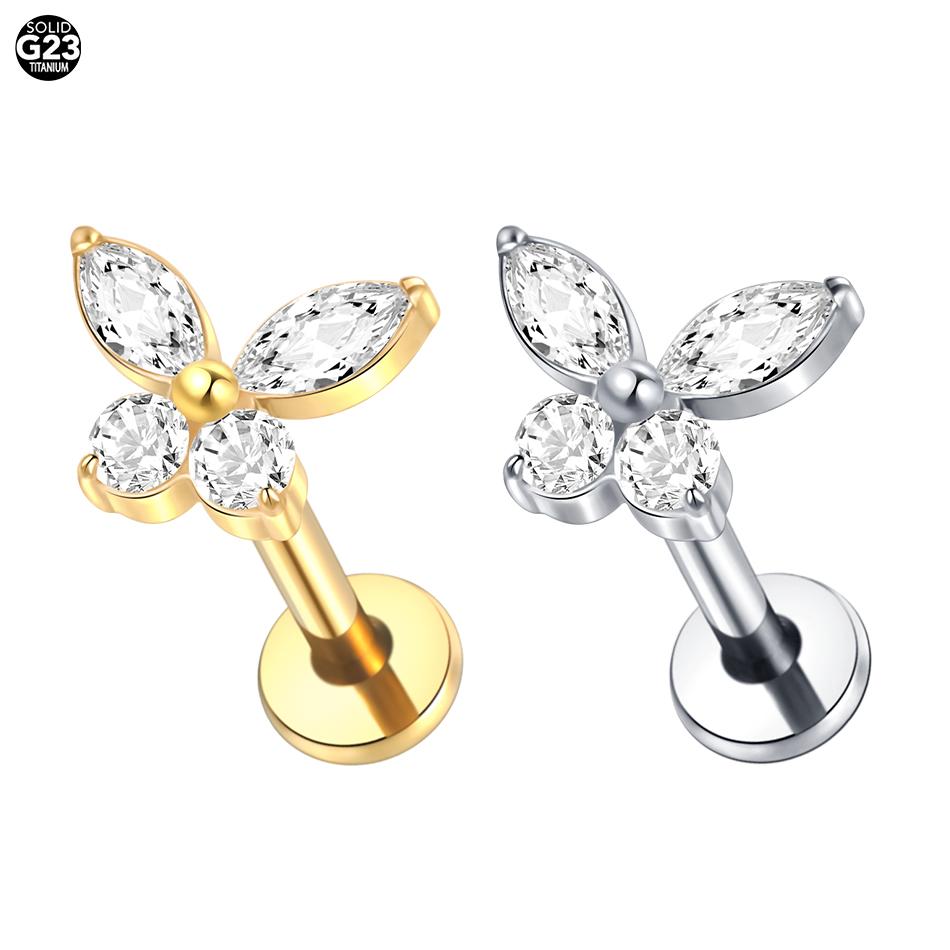 1PC G23 Titanium Ear Labret Piercings Flat Back Earrings Crystal Cluster Helix Tragus Pirsing Cartilage Lobe Piercing Jewelry
