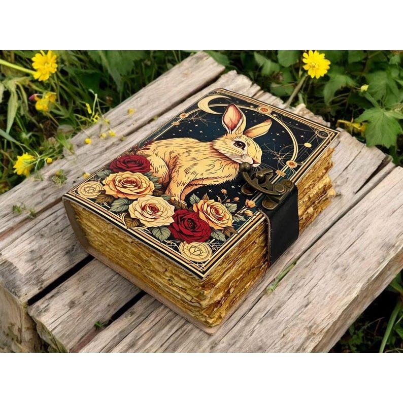 Easter Bunny Rabbit Vintage Handmade Leather Journal, Grimoire Fat Journal Blank Spell Book of Shadows Christmas Gift Him Her