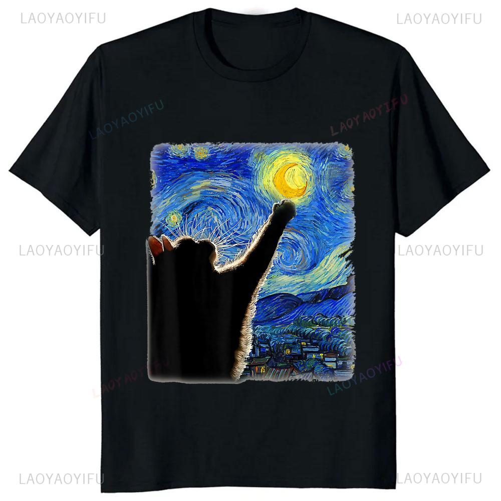 Cat Starry Night Van Gogh Cat for Cat Lover T-Shirt Casual Fashion Streetwear Loose Summer Style Man Tshirt Cute Aesthetics Tees