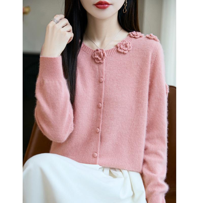 100% Wool Women's Hand-Crocheted Round Neck Cardigan - Nine Roses Sweater Coat for Autumn/Winter