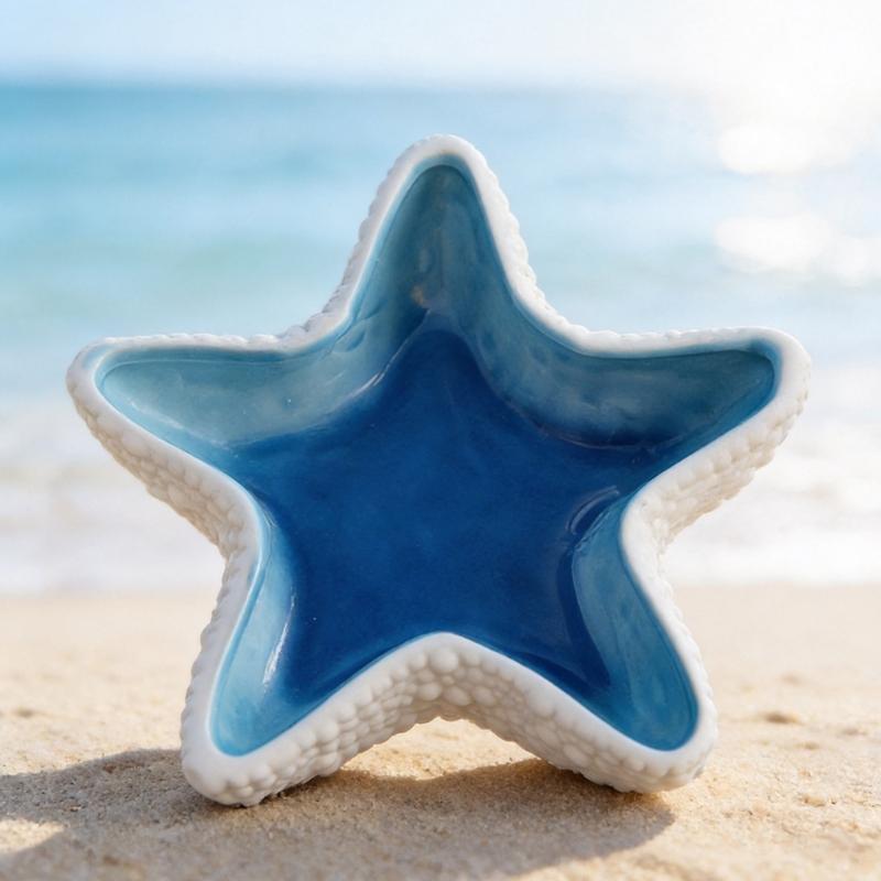 Starfish Jewelry Dish Ceramic Ring Holder Tray, Light Blue Catchall Holder for Vanity, Bathroom Counter, Bedside, and Dresser Storage