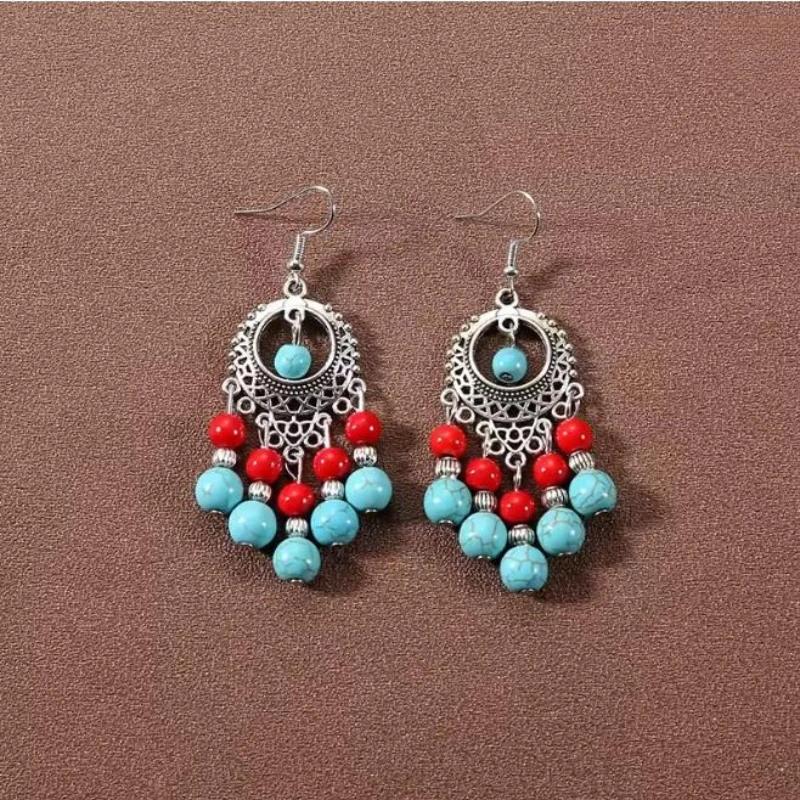 Bohemian fringed turquoise earrings retro ethnic style earrings personality temperament ear jewelry