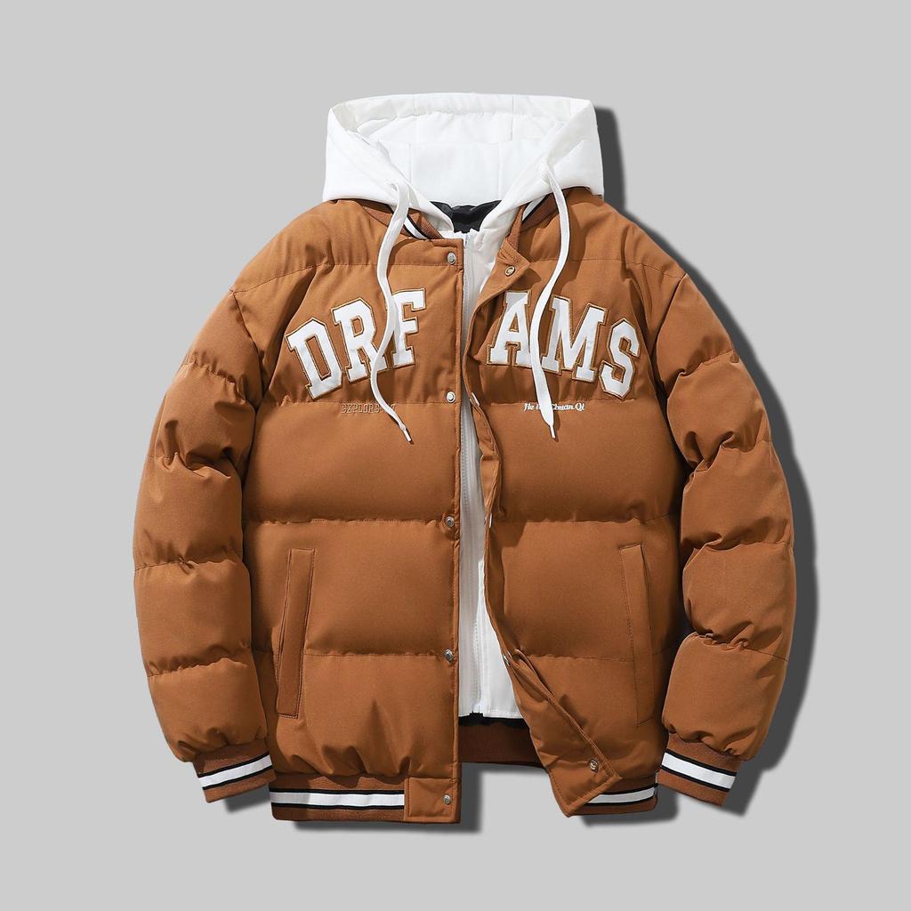 Men's Trendy Korean-Style Hooded Jacket - Loose Fit, Thick, Cotton-Filled, Fake Two-Piece Design for Autumn/Winter.