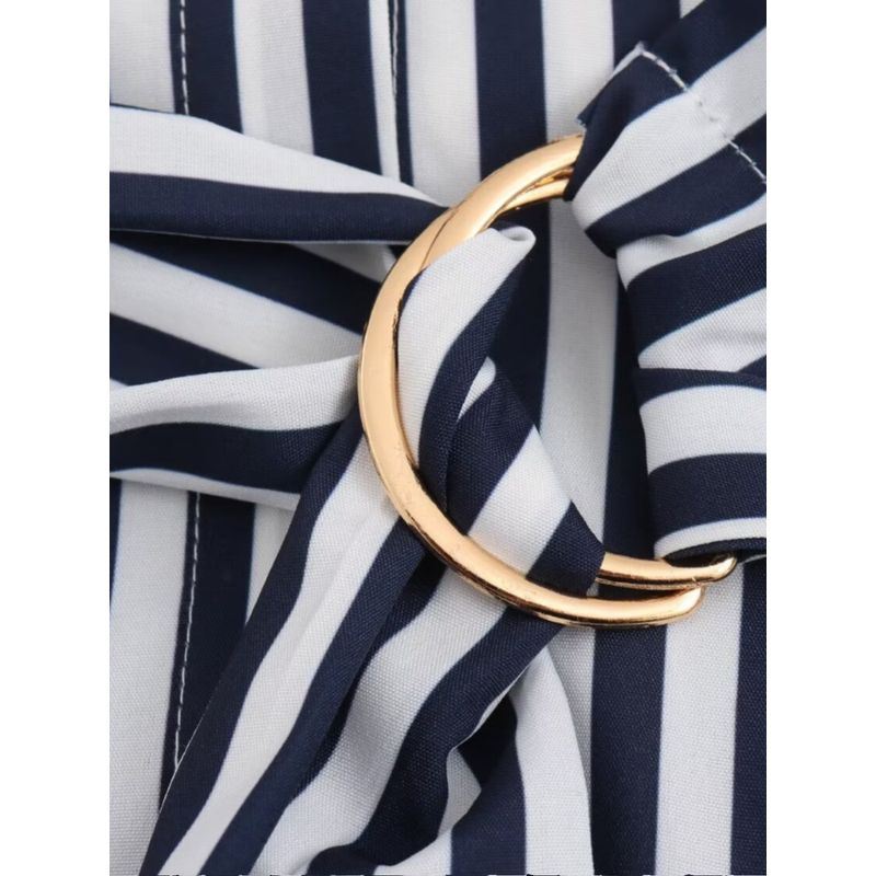 Kaslead New Arrival Women's Clothing Fashion Style Fashion Casual Minimalist Stripes with Belt Short Sleeve Dress