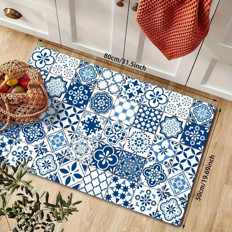 Tapis de Sol de Cuisine Moderne en Carrelage Céramique Bleu Décoration Couloir de Cuisine Balcon Tapis Tapis de Buanderie Salle de Bain Tapis de Porte Antidérapant Décoration