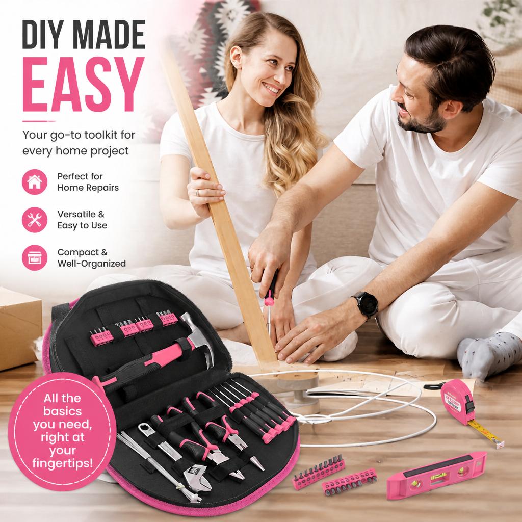63 Pcs Pink Household Tool Set Women DIY Home Repair Hand Tools Kit Multi Purpose Tool Box Gift Set for Household Maintenance