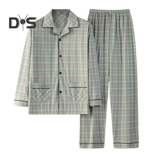 2Pcs/Set Men Pajamas Set Plaid Print Lapel Long Sleeve Single Breasted Shirt Elastic Waist Long Pants Set Loose Fit Loungewear Suit