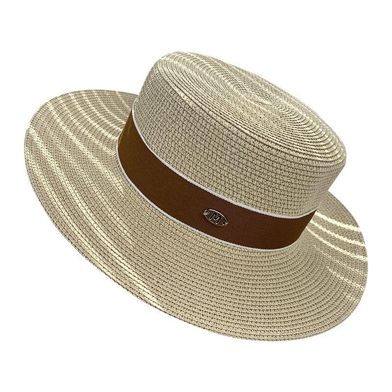 Spring and summer new metal small label decorative flat top straw hat men's and women's top hat sunshade holiday beach hat summer hat