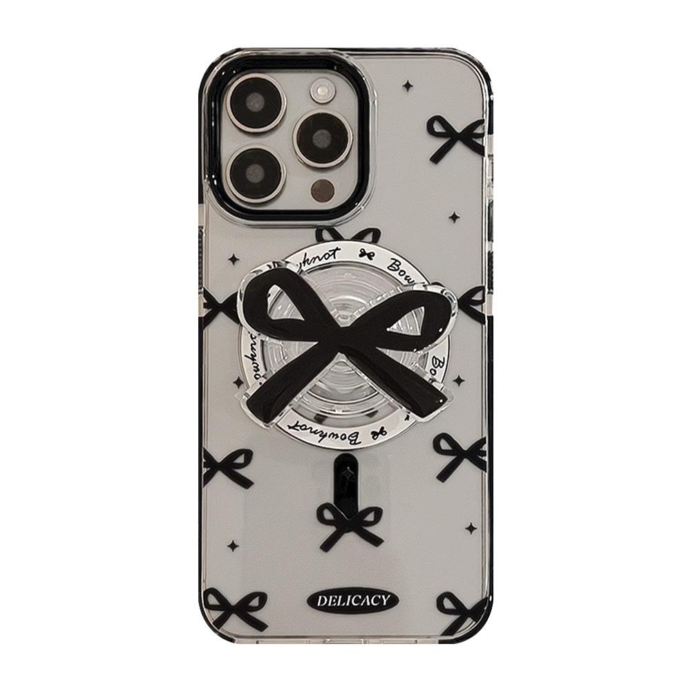 Black Bow Magnetic Suction Case 15Promax Transparent IPhone Case 14 Suitable for 13 Advanced 12 Bracket 16