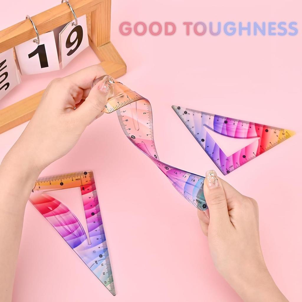 4 Pcs Flexible Rulers Set, Colorful Geometry Kit, Plastic Bendable Shatterproof Soft Rulers, Clear Ruler 20 cm/ 8 Inch, Triangle Rulers and