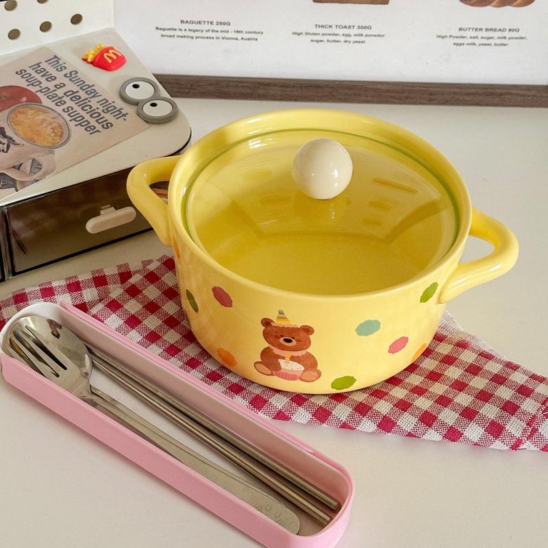 Cute Polka Dot Binaural Instant Noodle Bowl with Cover Student Dormitory Large Capacity Instant Noodle Bowl Personal Special Snail Powder Bowl