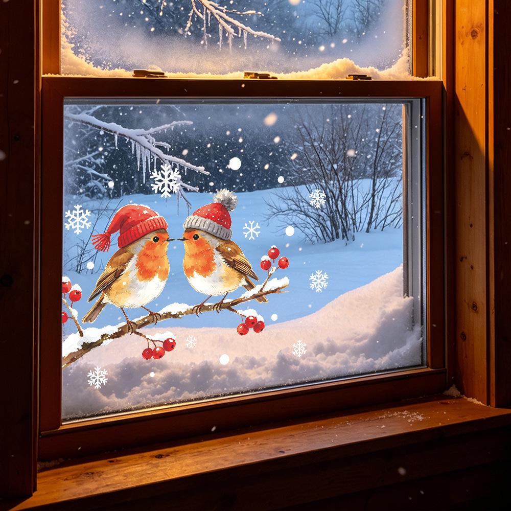 Christmas Hat, Red Fruit Branch, Little Bird, Snowflake Dots, Balcony, Glass Window, Beautifying Window Sticker