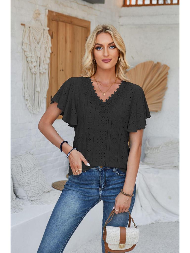 Spring/Summer Women's Lace V-Neck Ruffle Sleeve Loose T-Shirt