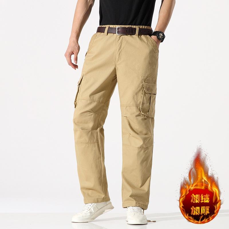 Plush Elastic Waistband Pure Cotton Wear-Resistant Multi Pocket Work Pants Straight Tube Large Pocket Loose And Fat Casual Pants