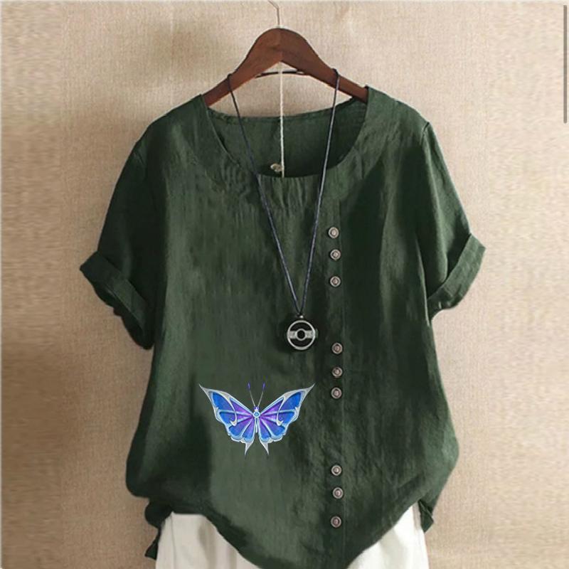 Damenmode Rundhals Kurzarm T-Shirt Lässiges Baumwollleinen Grafikhemd Freizeit Lose Schmetterling Bedruckte Sommerbluse Tops