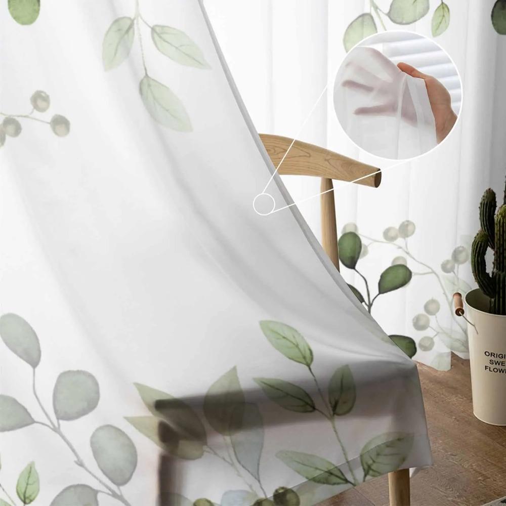Abstract Sage Green Leaves Branches Sheer Curtains for Living Room Decoration Window Curtain Kitchen Tulle Voile Organza Drapes
