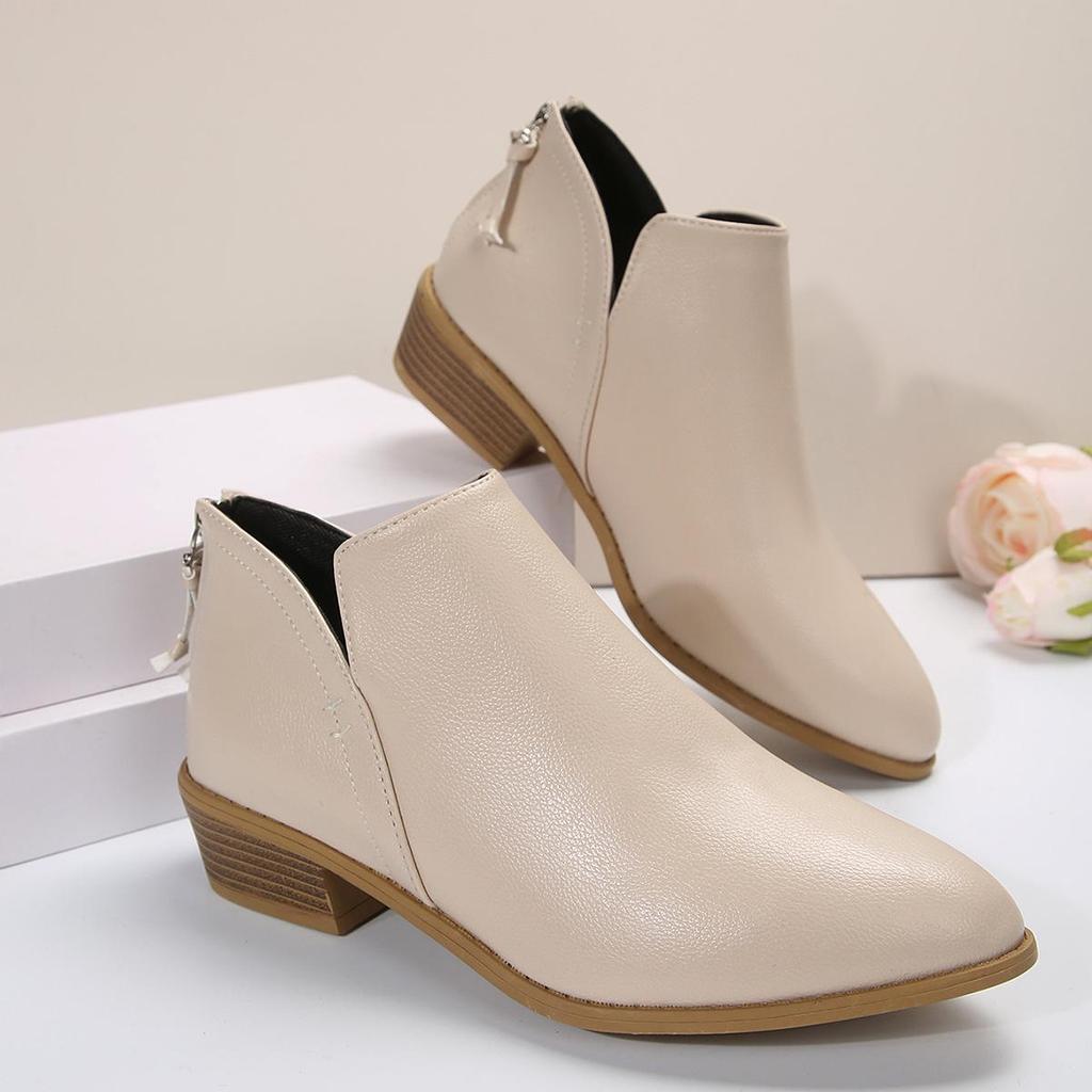 Large Size Women's Shoes Solid Color Pointed Leisure Back Zipper Low Heel Thick Heel Shoes Women