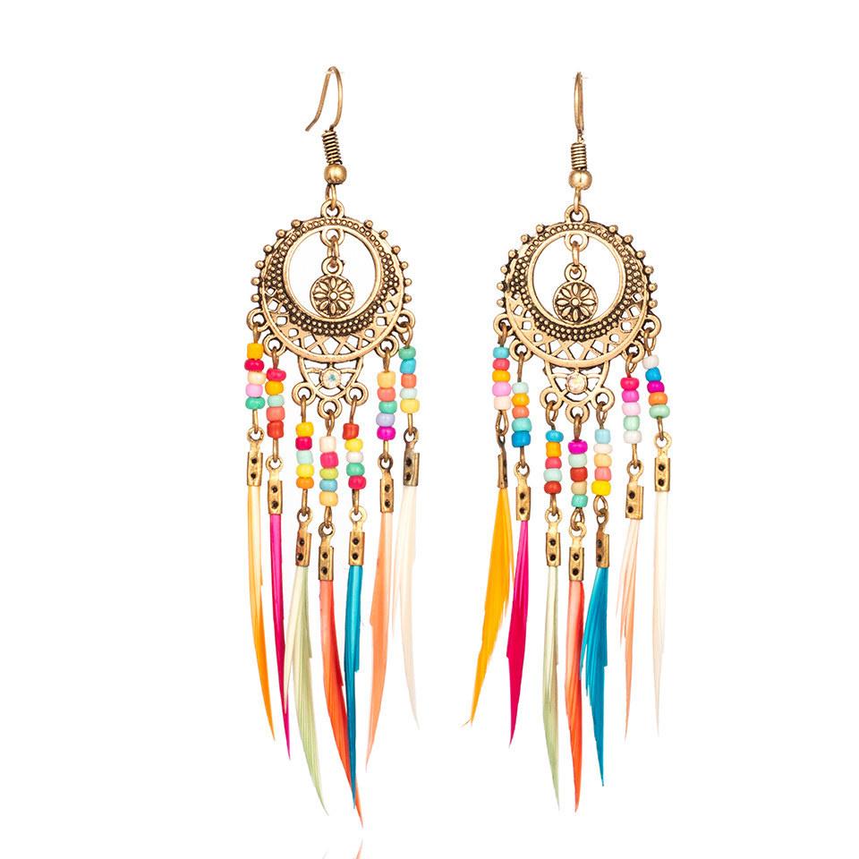 Bohemian Feather Earrings 2024 Ethnic Vintage Rainbow Colorful Beads Feather Tassle Earrings For Women Hawaiian Jewelry