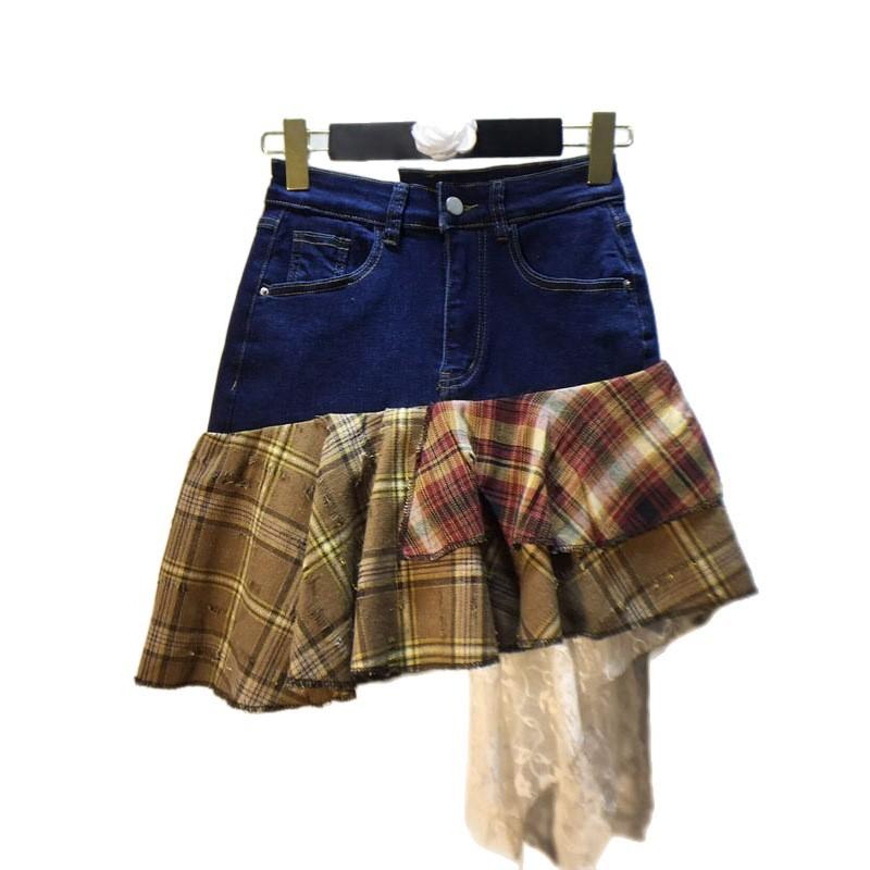 European Station Spring Clothing New Splicing Plaid Lace Skirt High Waist Elastic Denim Skirt Short Skirt