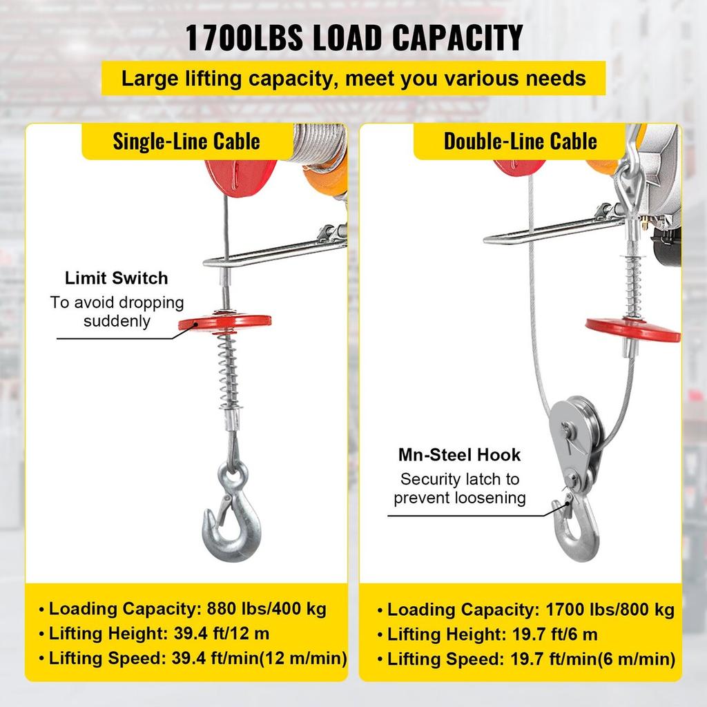 800Kg/1700Lbs Electric Trolley Hoist 1300W Electric Hoist Winch Double 12M/40Ft , Electric Hoist Electric Forklift Steel Pallet Holder Lever Garage