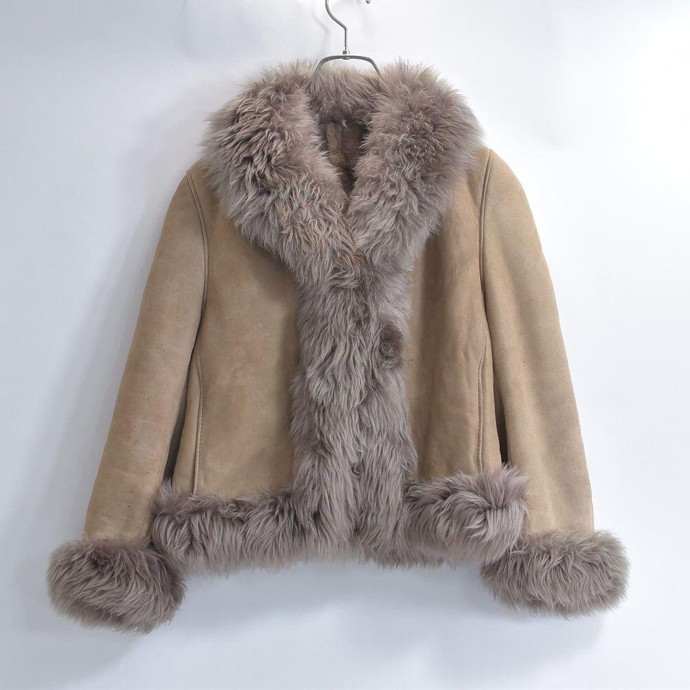Used 80s-90s Made in Spain Colzy International Real Mouton Fur Shawl Collar Short Jacket Shearling Jacket Blouson Vintage European Vintage Greige